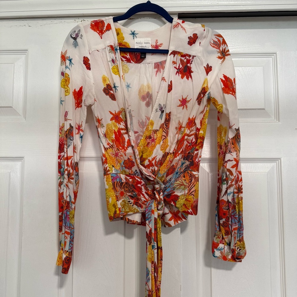 Anthropologie Michelle Morin Floral Tiger Print Wrap Blouse | Size small